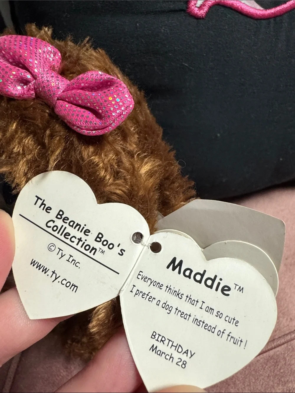 ty beanie boo maddie the brown & pink puppy dog with bow plush.